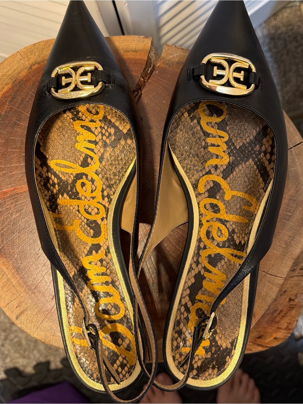 Black Leather Pointed Slingback Flat with Gold Hardware - Picture 4 of 8